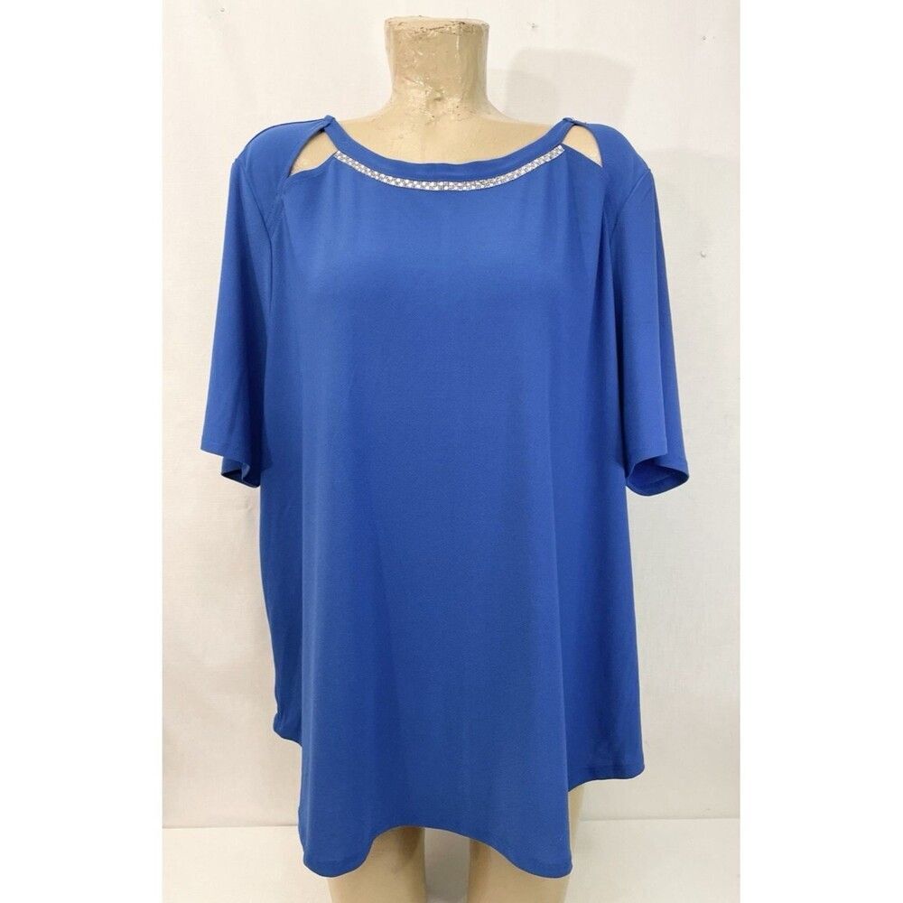 89th & Madison Shirt Plus Size 3x 58” Blue Scoop CZ Stones Short Sleeve Blouse